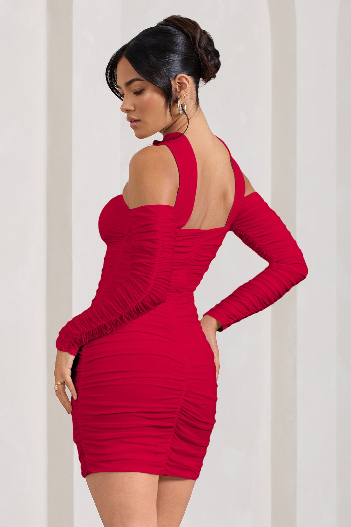 red ruched dress